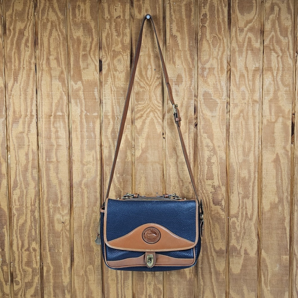 Vintage Dooney & Bourke Carrier Bag Messenger Blue Tan All Weather Leather